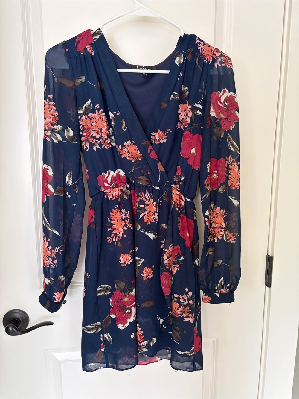 Lulu's Navy Floral Wrap Long Sleeve Floral Print Dress